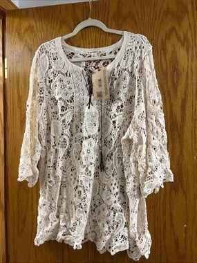 Ruff Hewn Cream Crochet Lace Pullover Sweater